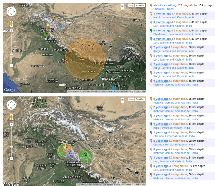 earthquake data showing Himalayas seismic activity