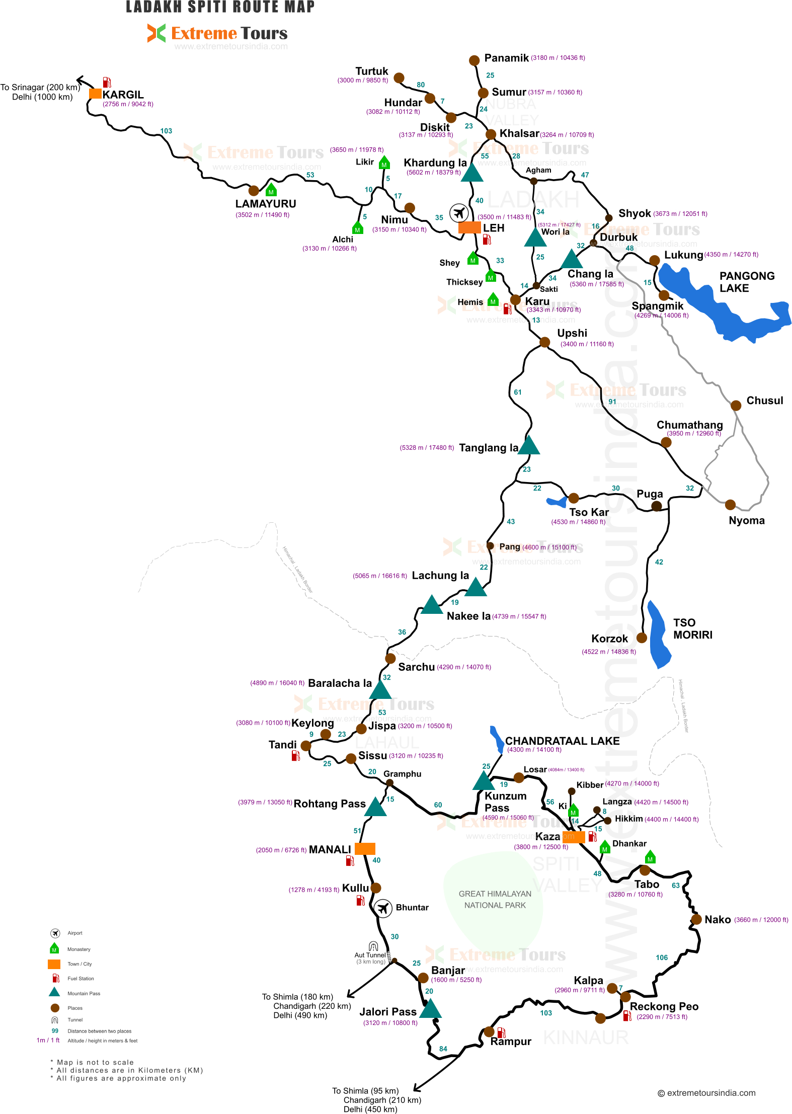 Ladakh Map, Spiti Map, Route Map for motorcycle road trip to Himalayas