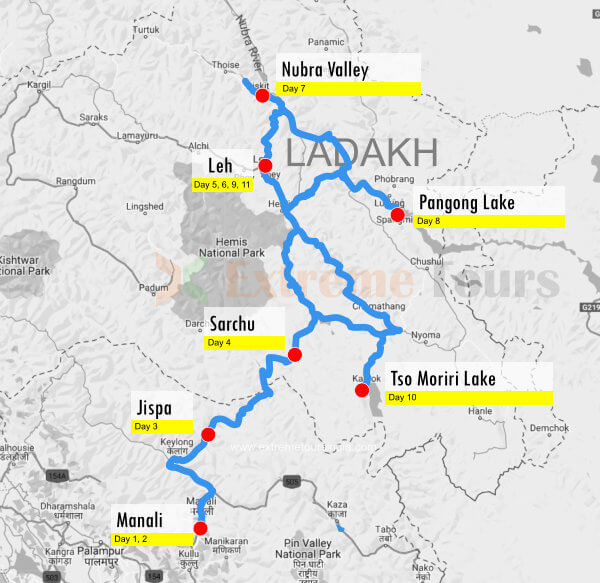 Manali Leh Ladakh Itinerary Map 